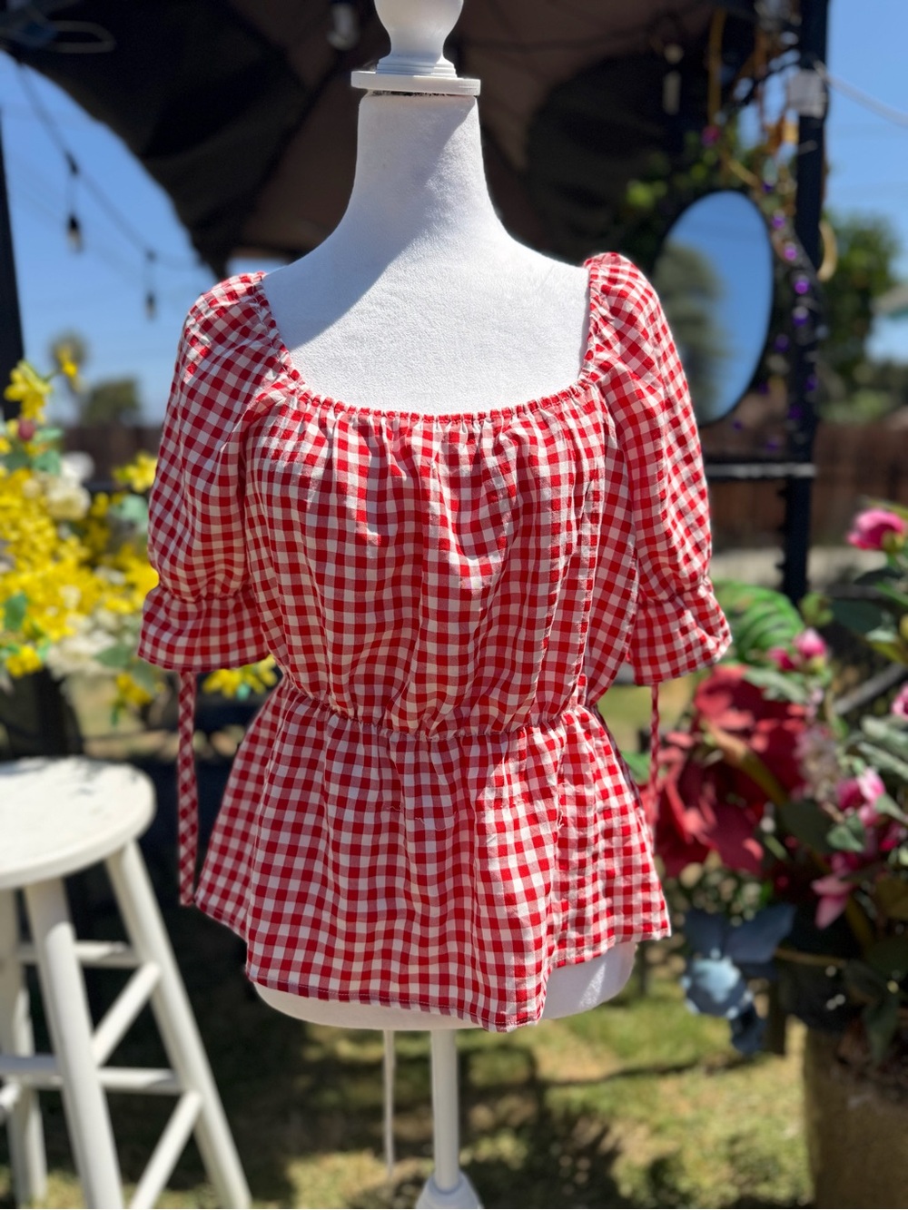 Othr Red Gingham Puff-Sleeve Peplum Top